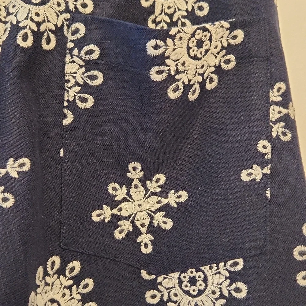 Zara Navy Linen Blend Contrast Embroidered Wide Leg Culottes M